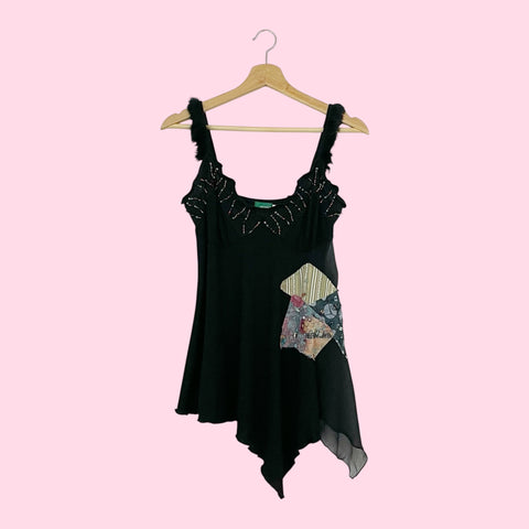 Y2K BLACK BEADED FUR TRIM TANK TOP (M)