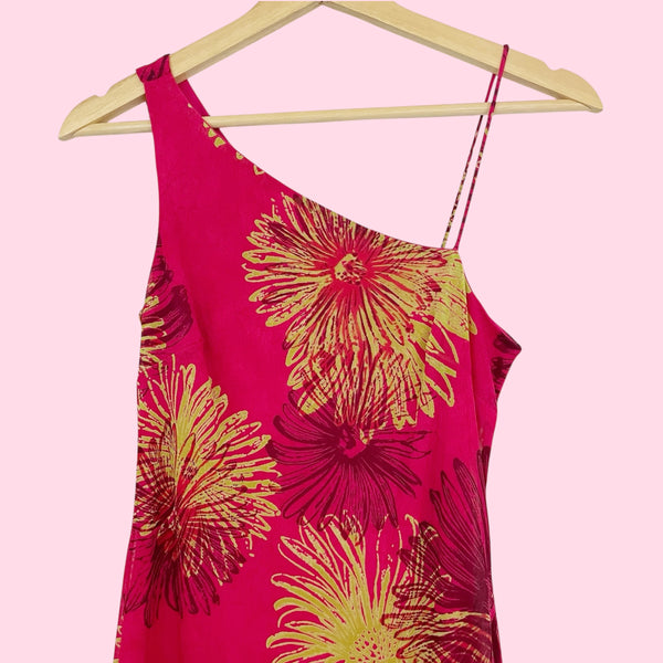 PINK + LIME FLORAL ASYMMETRICAL MIDI DRESS (XS/S)