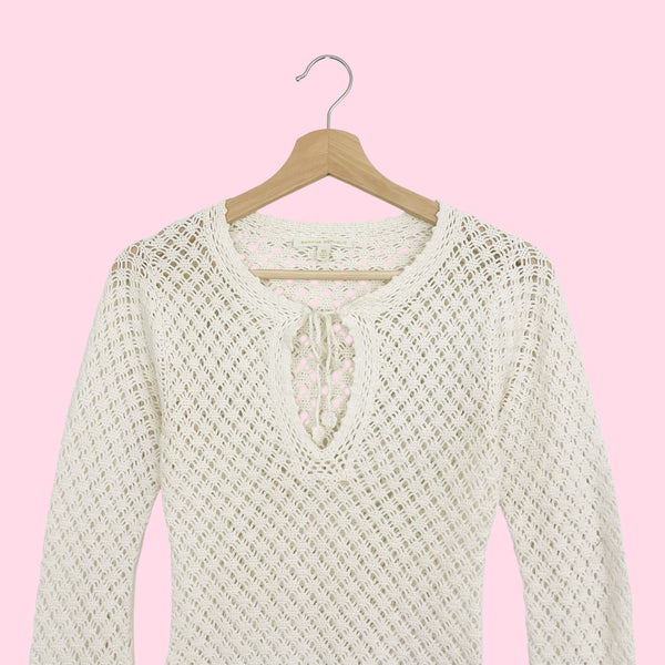 White Crochet Tie Keyhole Sweater (XS)