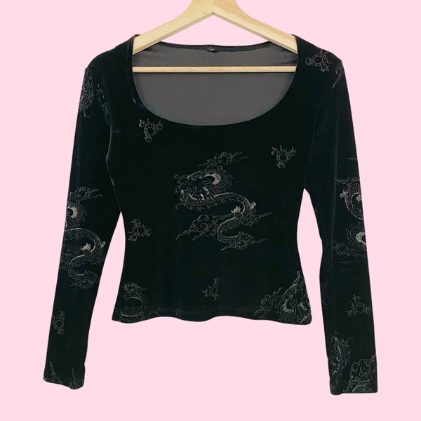 BLACK DRAGON PRINT VELVET TOP (S)