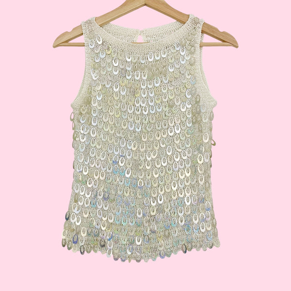 WHITE KNIT SEQUINS TANK (S)