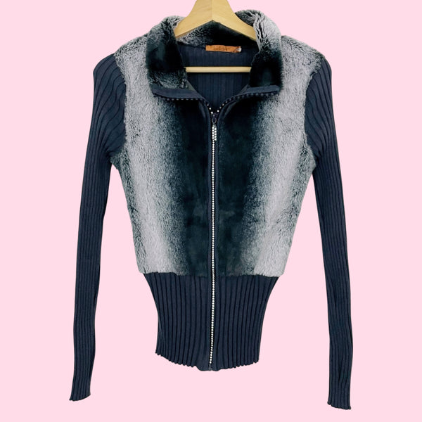 GRAY FAUX FUR ZIP UP CARDIGAN (S)