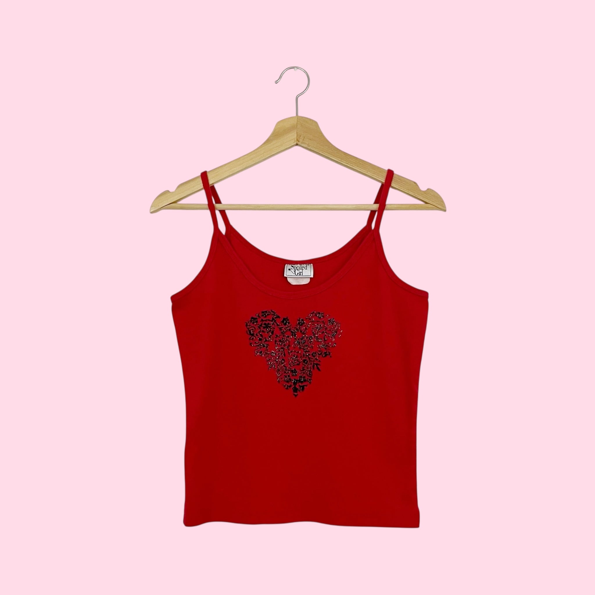 RED GLITTER VELVET FLOCKED HEART TANK (M/L)