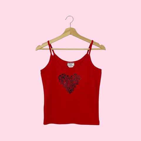 RED GLITTER VELVET FLOCKED HEART TANK (M/L)