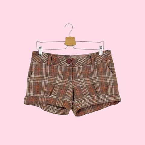 PLAID WOOL LOW RISE BUBBLE SHORTS (M)