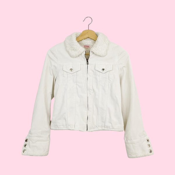 WHITE CORDUROY JACKET W/ FAUX FUR TRIM (XS/S)