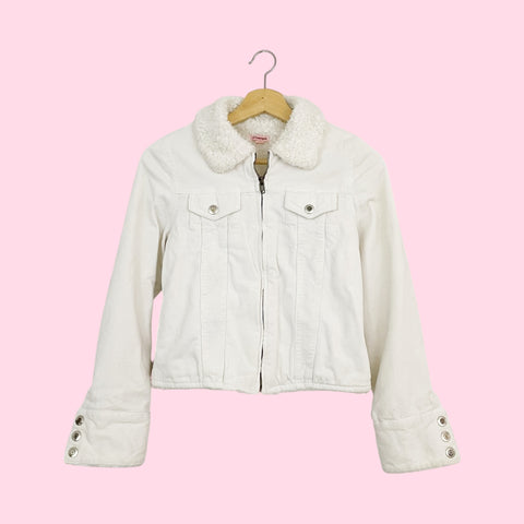 WHITE CORDUROY JACKET W/ FAUX FUR TRIM (XS/S)