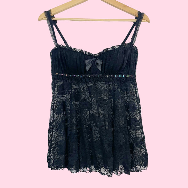 Frederick's Black Lace Babydoll w/ Sequins (L)