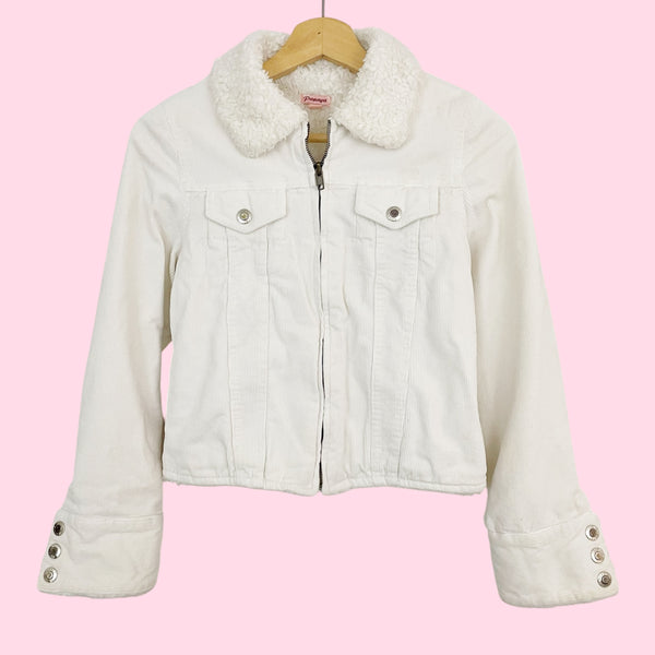 WHITE CORDUROY JACKET W/ FAUX FUR TRIM (XS/S)