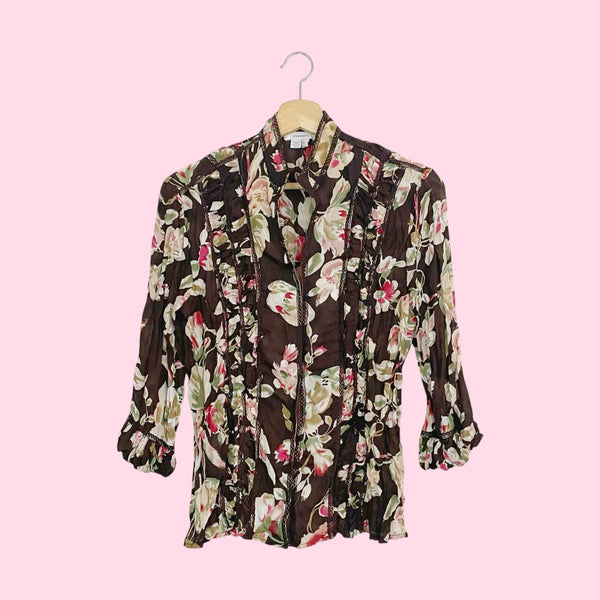 Y2K Brown Floral Ruched Blouse (S)
