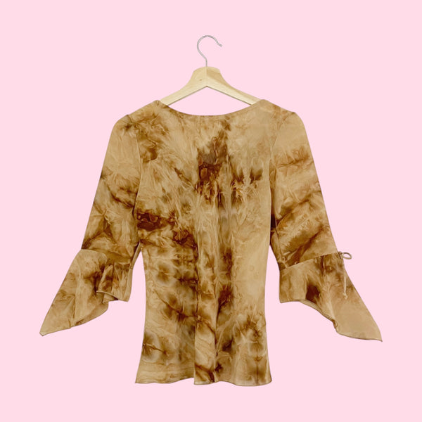 TAN TIE DYE SHEER BELL SLEEVE TOP (M/L)