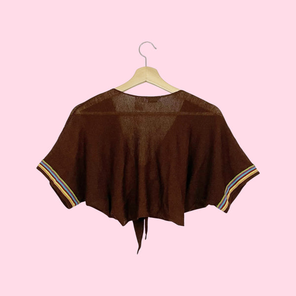 BROWN KNIT SHRUG W/ RAINBOW TRIM (L)