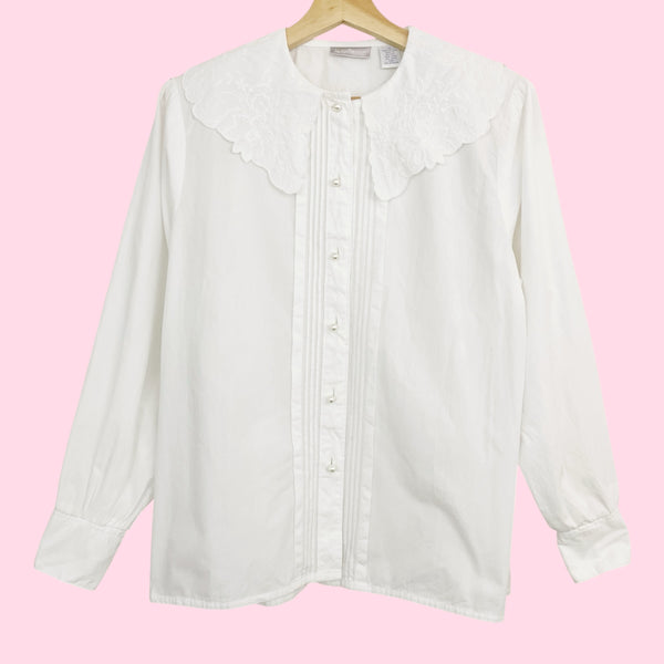90s Cotton Blouse w/ Embroidered Collar (L)