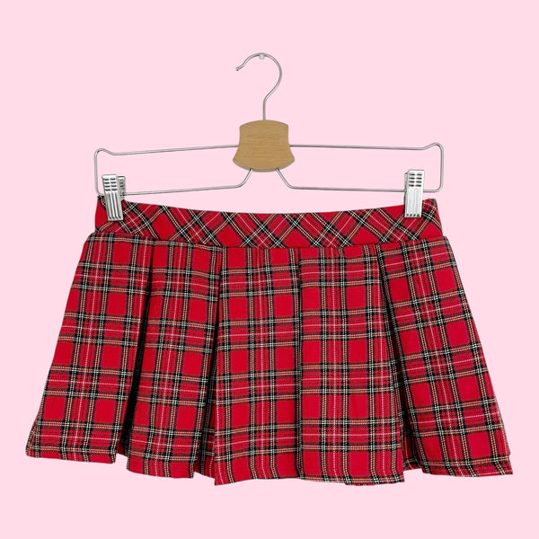RED PLAID PLEATED MICRO MINI SKIRT (S/M)