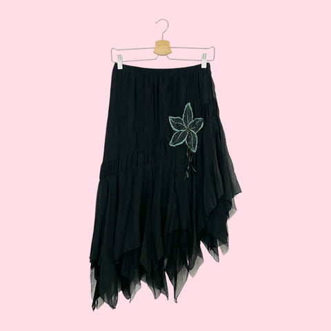 BLACK ASYMMETRICAL MIDI SKIRT W/ FLORAL EMBROIDERY (M)