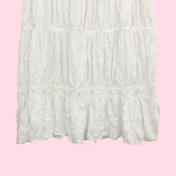 White Tiered Wrinkle Maxi Skirt W/ Sequins (S)