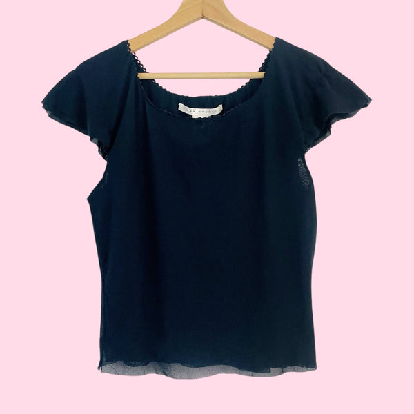 Black Mesh Flutter Sleeve Top (L)