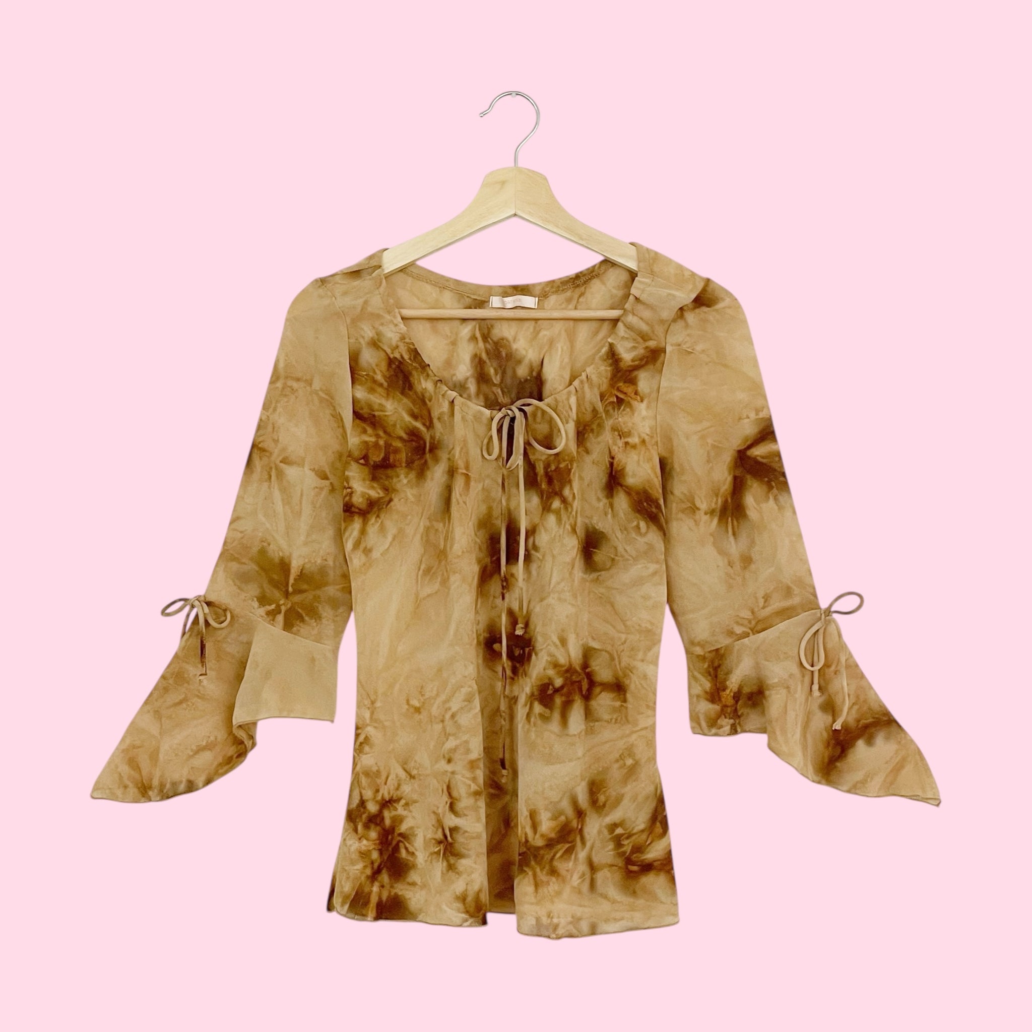 TAN TIE DYE SHEER BELL SLEEVE TOP (M/L)