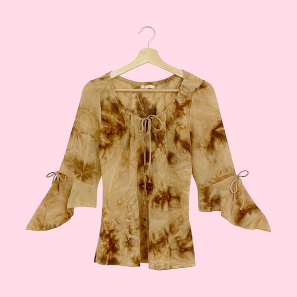 TAN TIE DYE SHEER BELL SLEEVE TOP (M/L)