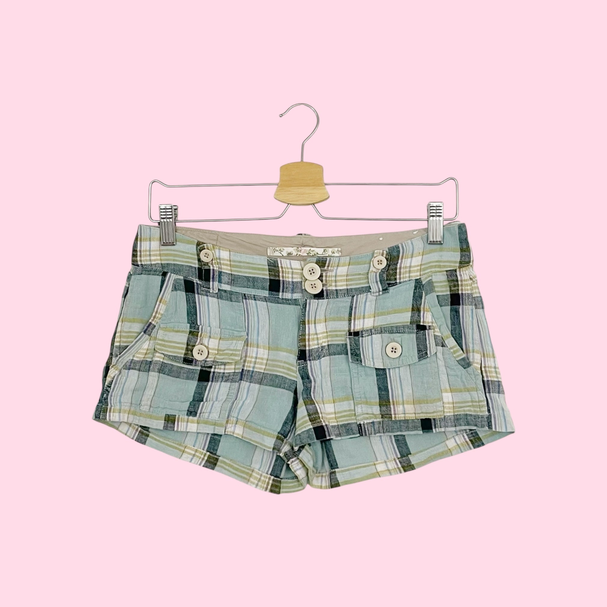 BLUE PLAID LINEN BLEND LOW RISE SHORTS (S)