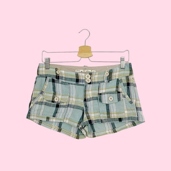 BLUE PLAID LINEN BLEND LOW RISE SHORTS (S)