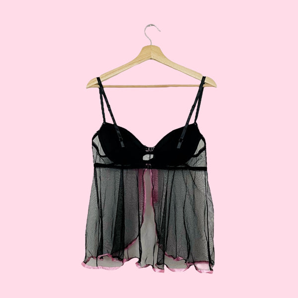 BLACK + PINK OPEN FRONT MESH BABYDOLL (L)