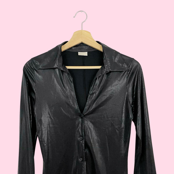 BLACK SHIMMER WET LOOK BLOUSE (S)