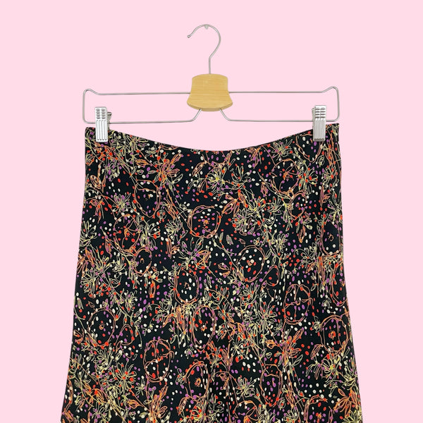 BLACK FLORAL PRINT MIDI SKIRT (S)