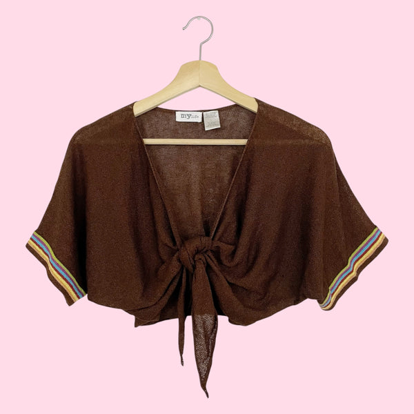 BROWN KNIT SHRUG W/ RAINBOW TRIM (L)