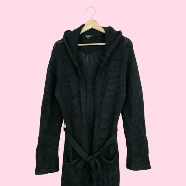 BLACK HOODED MOHAIR LONG CARDIGAN (L)