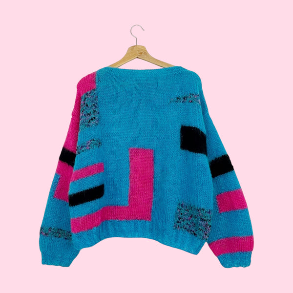 BLUE + PINK PATTERNED MOHAIR SWEATER (L)
