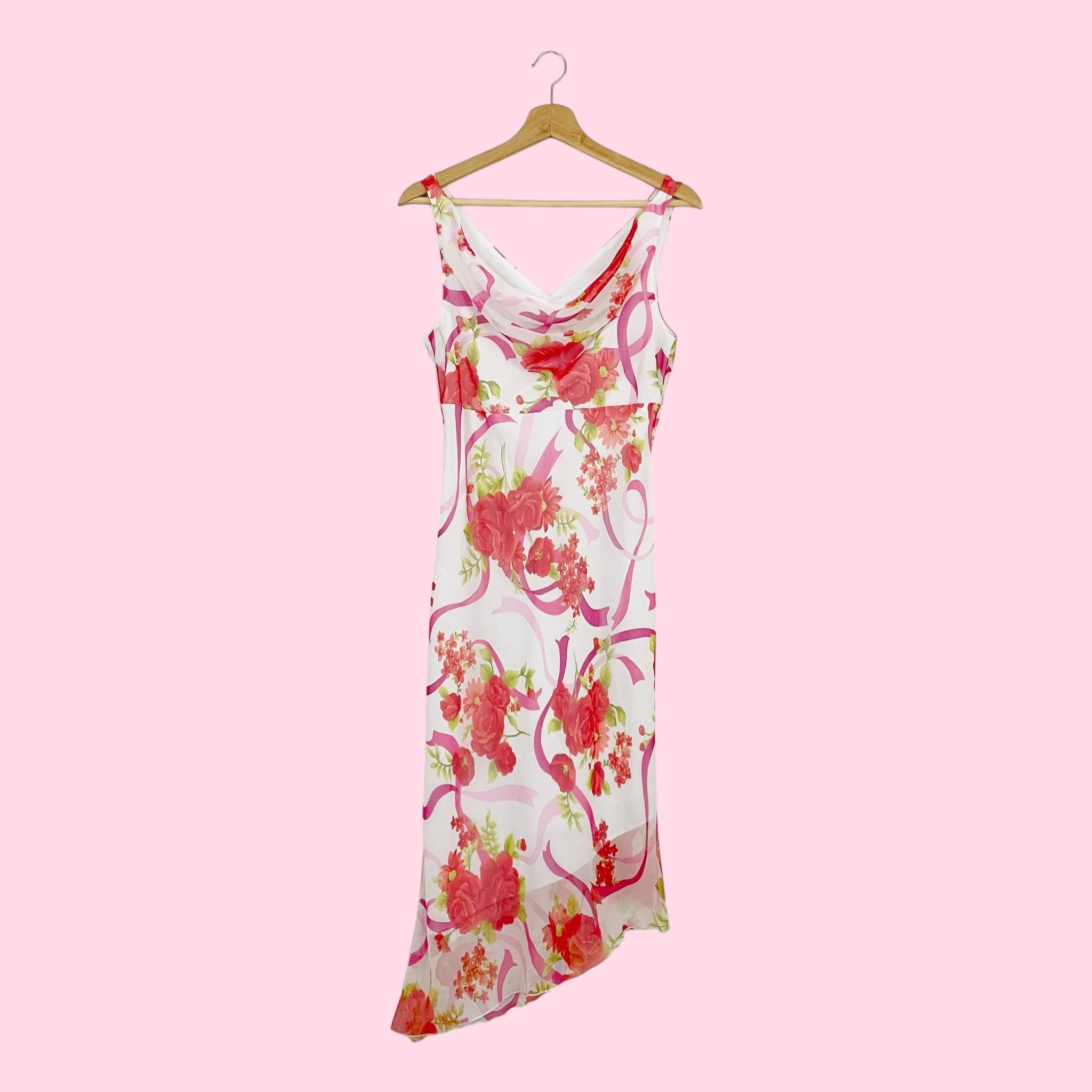 FLORAL RIBBON PRINT COWL NECK MIDI DRESS (M)