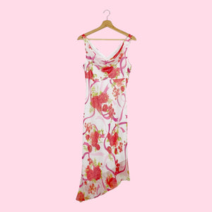 FLORAL RIBBON PRINT COWL NECK MIDI DRESS (M)