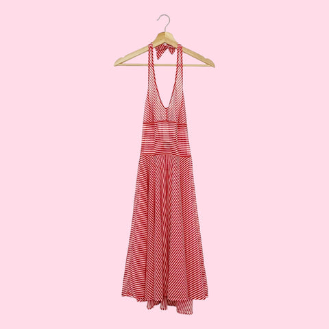 RED + WHITE STRIPED MESH HALTER DRESS (S)