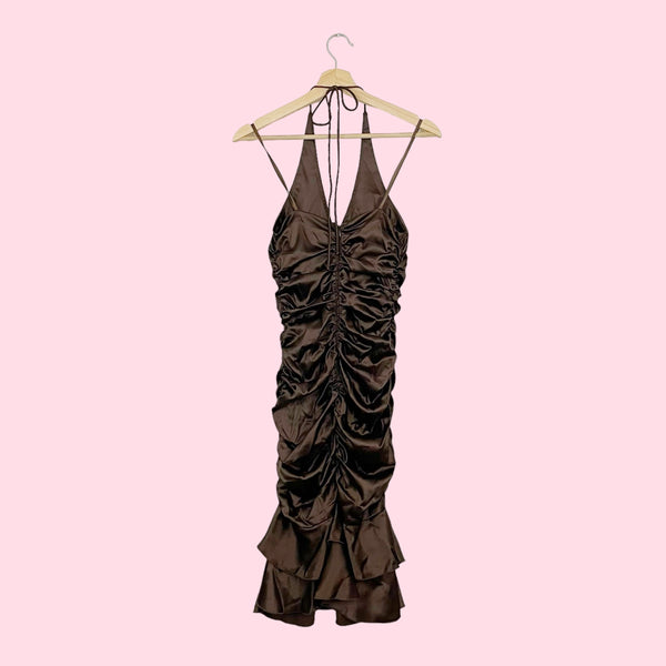 BROWN RUCHED HALTER MIDI DRESS (XS)