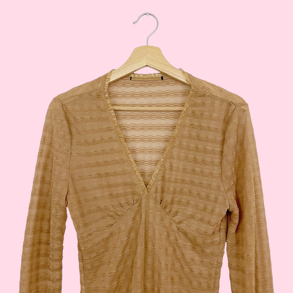 TAN WAVY MESH BELL SLEEVE TOP (M)