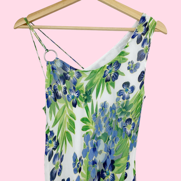 FLORAL PRINT RAYON MAXI DRESS W/ ASYMMETRICAL STRAPS (M)