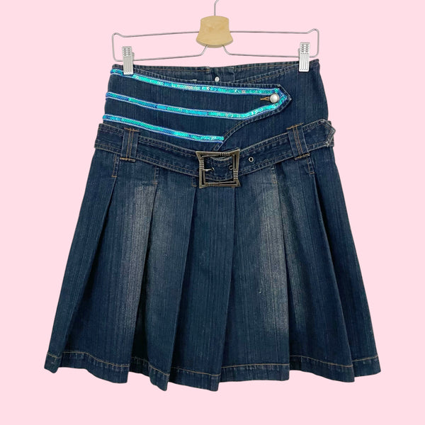 PLEATED BELTED DENIM SKIRT W/ SEQUINS (S/M)