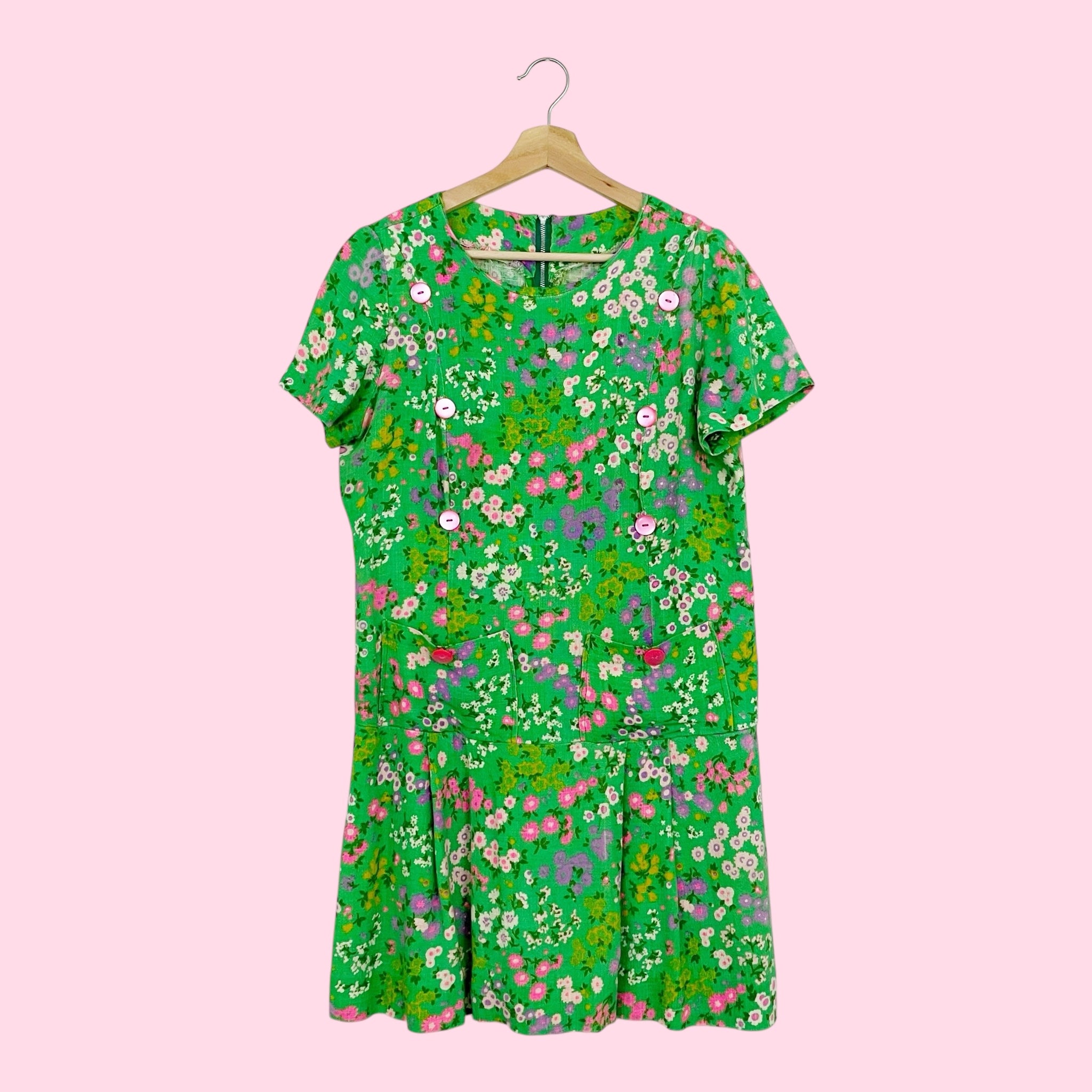 60S GREEN FLORAL DRESS (L)