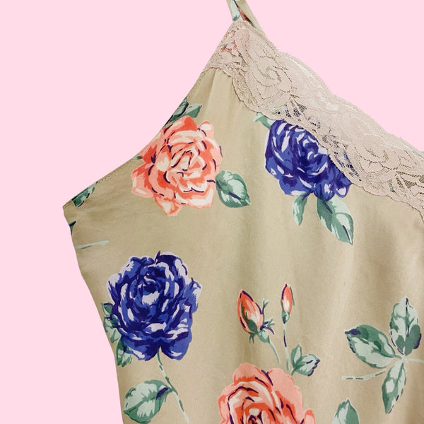 TAN FLORAL PRINT SILK TANK (M)