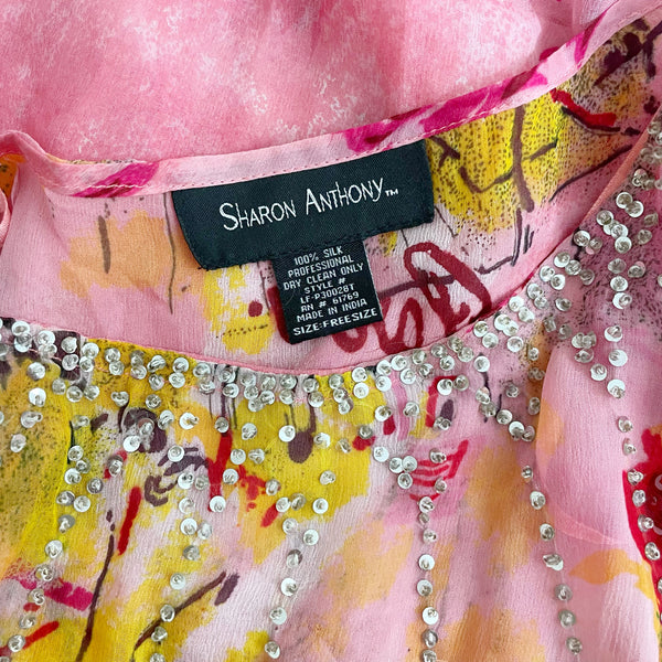 Y2K PINK EMBELLISHED SILK SCARF BLOUSE (S/M)