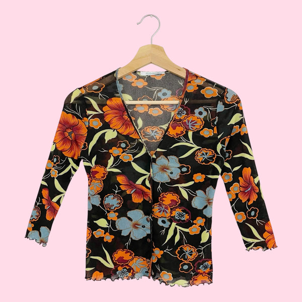 FLORAL PRINT MESH BUTTON UP TOP (S)