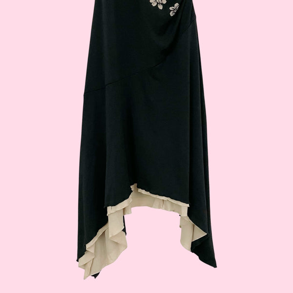 BLACK + TAN FLORAL HALTER MIDI DRESS (M)