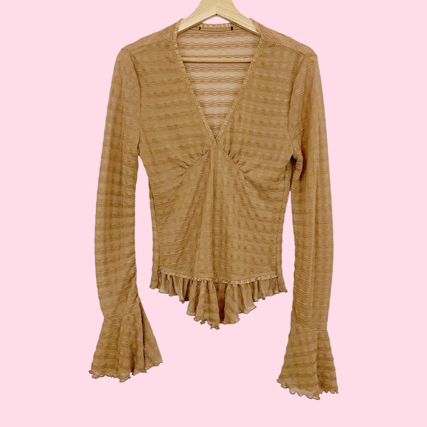TAN WAVY MESH BELL SLEEVE TOP (M)