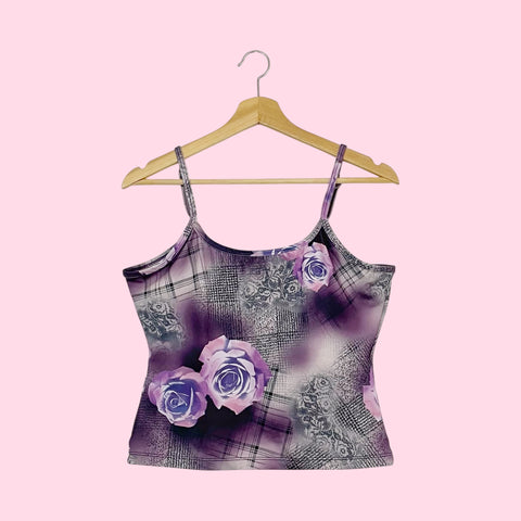 PURPLE PLAID ROSE PRINT TANK TOP (M/L)