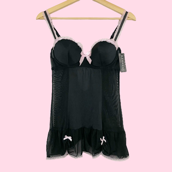 RAMPAGE BLACK + PINK LACE TRIM BABYDOLL (M)
