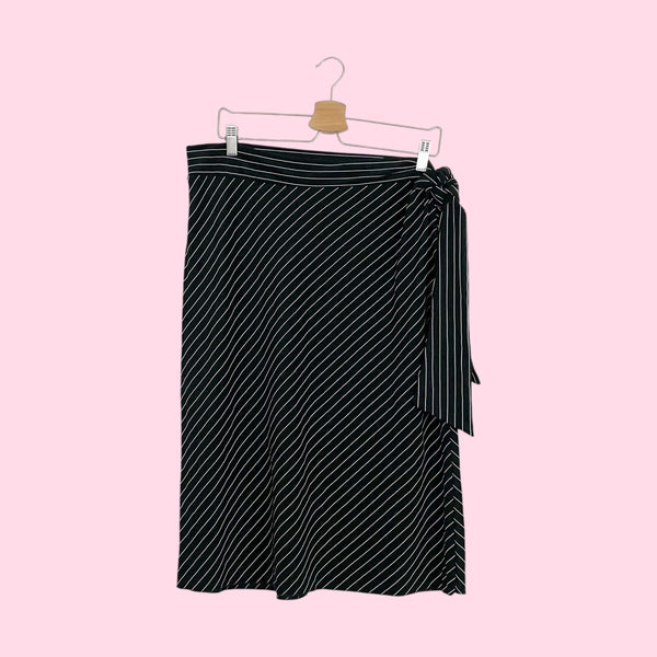 BLACK + WHITE PINSTRIPE TIE WAIST MIDI SKIRT (1X)