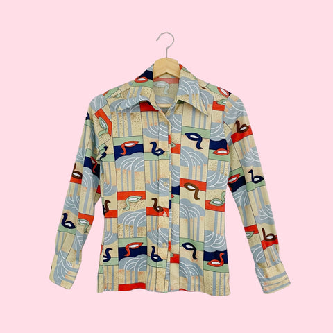 70s DUCK PRINT BLOUSE (XS/S)
