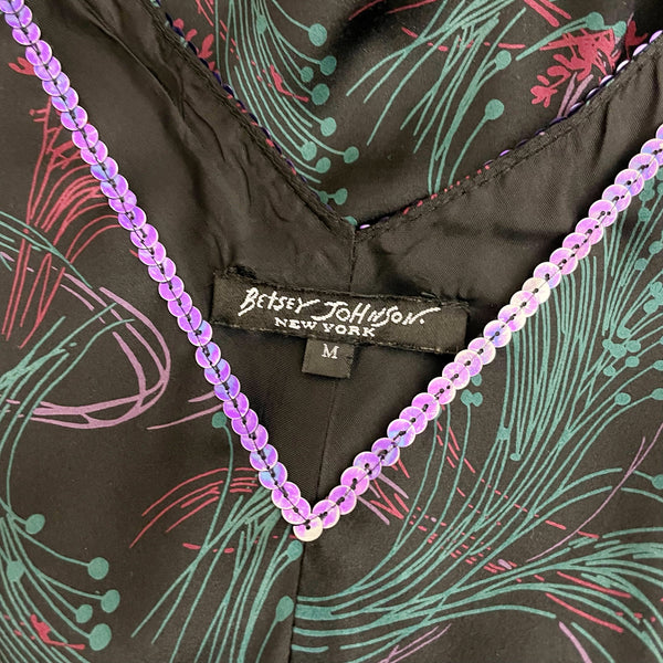 BETSEY JOHNSON PRINTED SILK MIDI DRESS W/ SEQUINS TRIM (M)