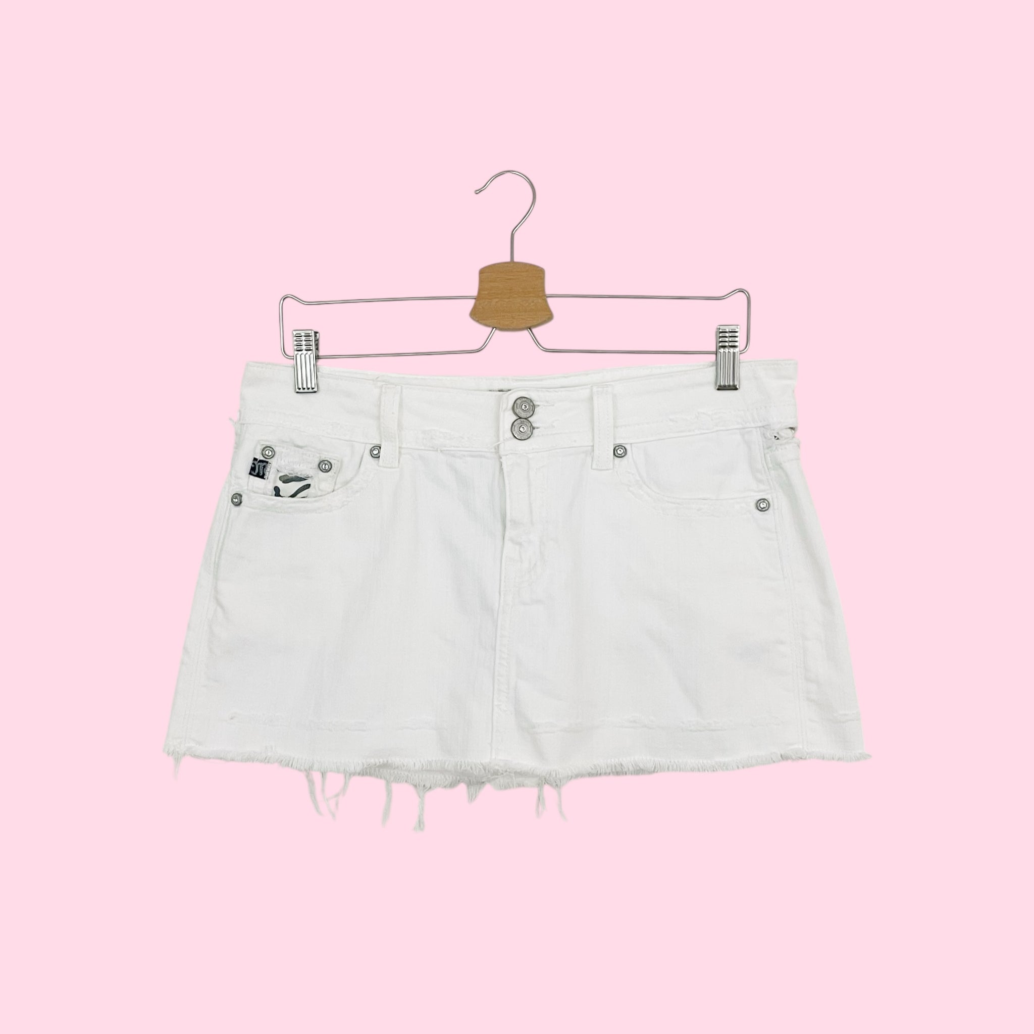 Y2K MISS ME WHITE + CAMO DENIM MINI SKIRT (M)